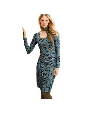 Peruvian Connection Ruched Floral Jersey Knit Dress XS or S Rayon Blue Flowers